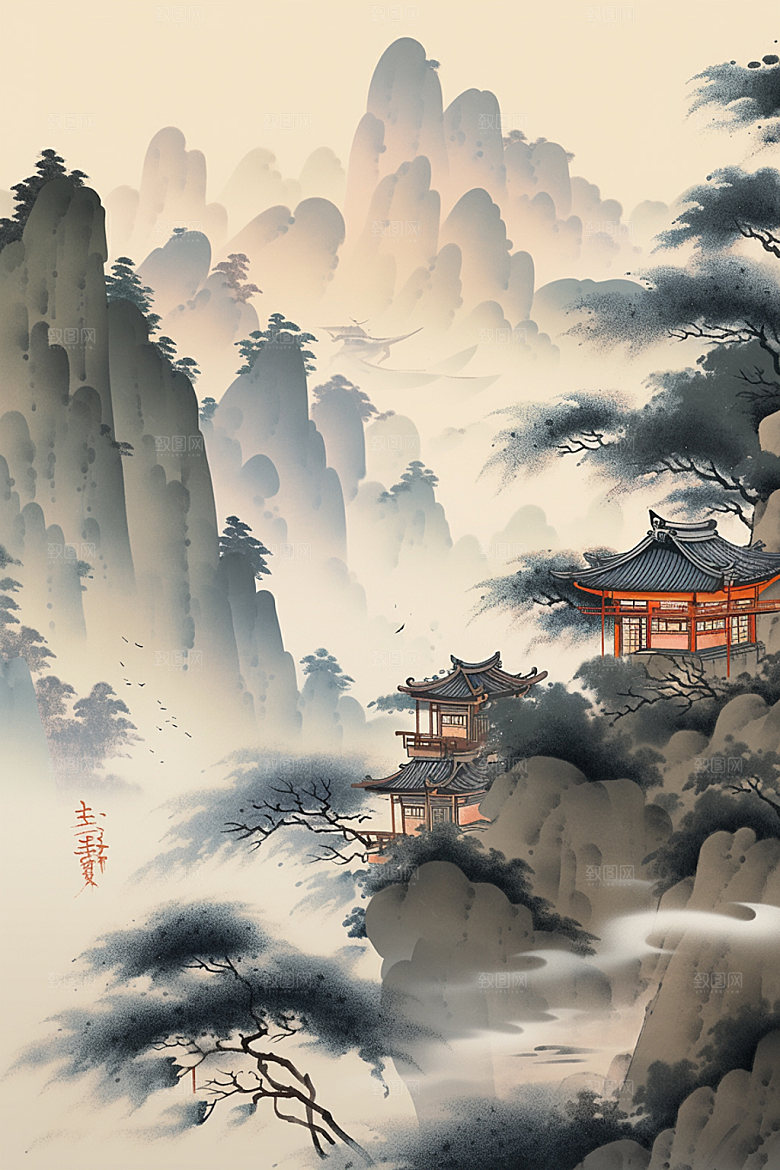 中国画山水中国风插画