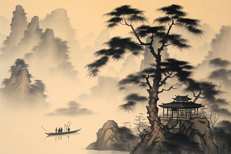 中国画国粹水墨画插画
