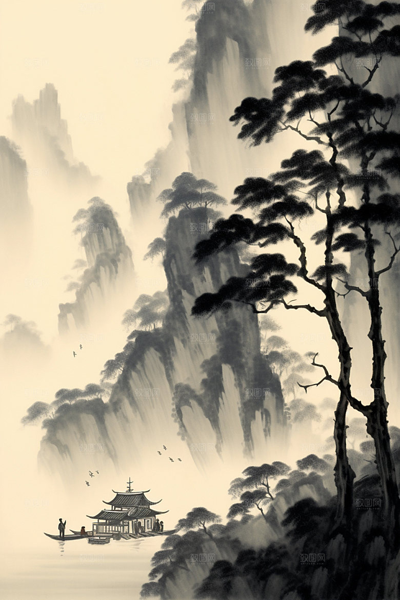 中国画水墨画写意插画