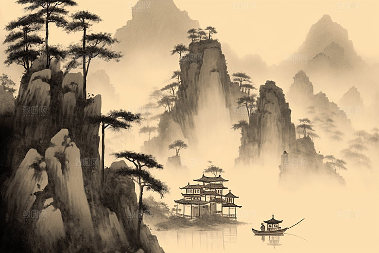中国画中式山水插画