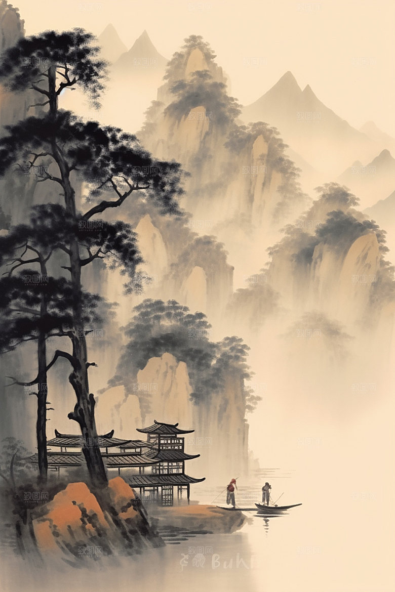 中国画山水高清插画