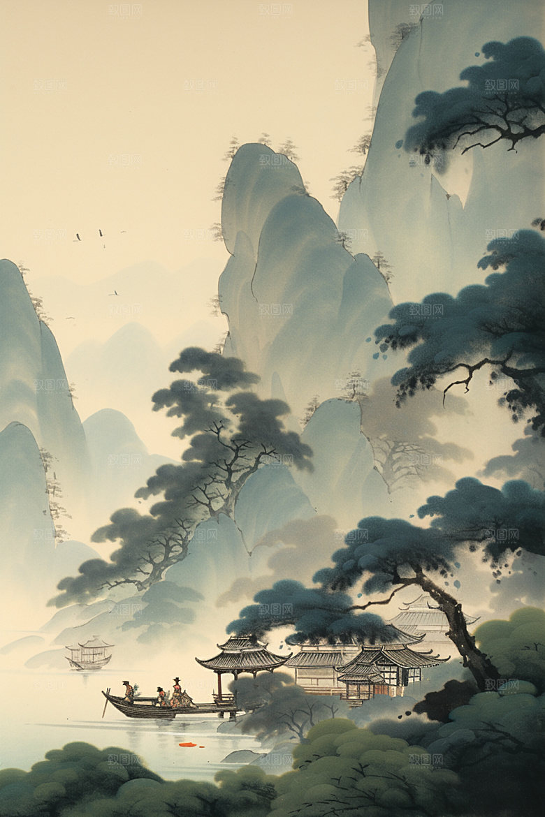 中国画山水中国风插画