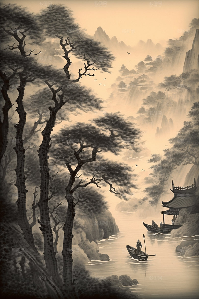 中国画山水中式插画