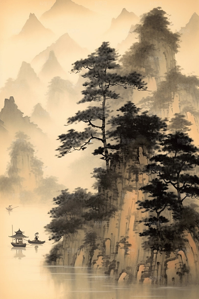 中国画山水国粹插画