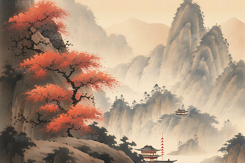 中国画中式水墨画插画