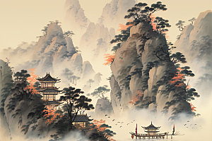 中国画山水晕染插画