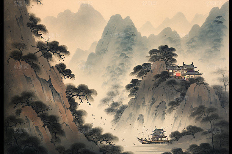 中国画晕染写意插画