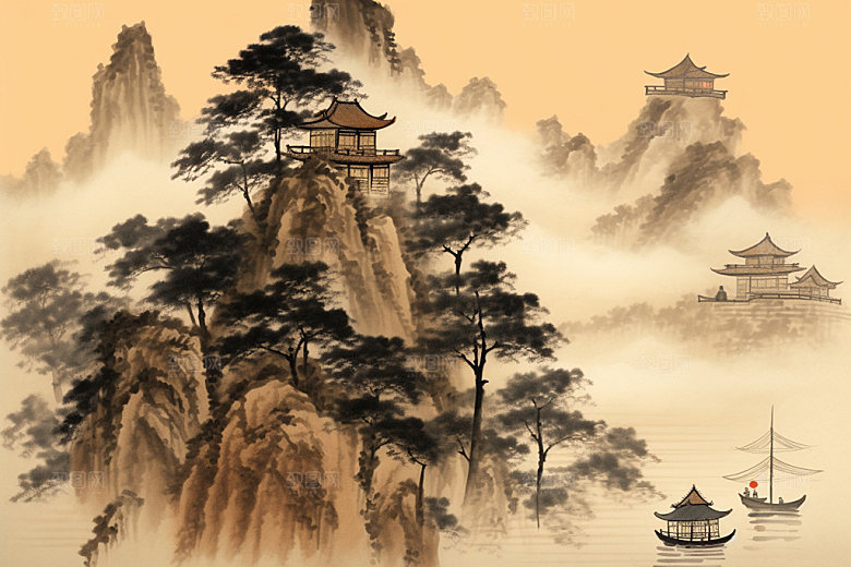 中国画山水晕染插画