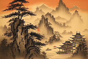 中国画山水水墨画插画