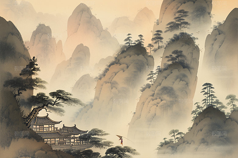 中国画山水艺术插画
