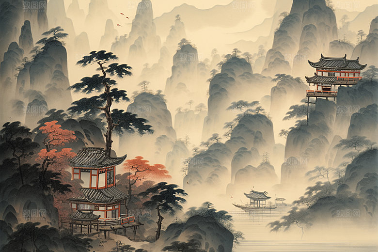 中国画晕染山水插画
