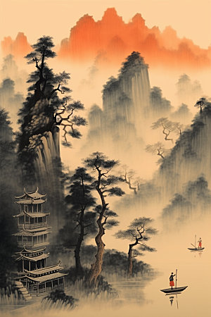 中国画中式山水插画
