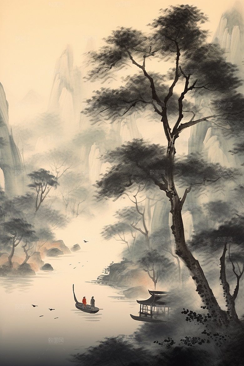 中国画中国风晕染插画