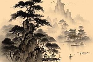 中国画山水中国风插画
