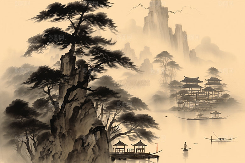中国画山水中国风插画