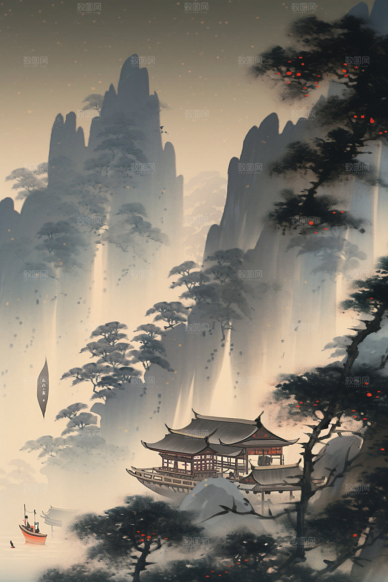 中国画山水高清插画