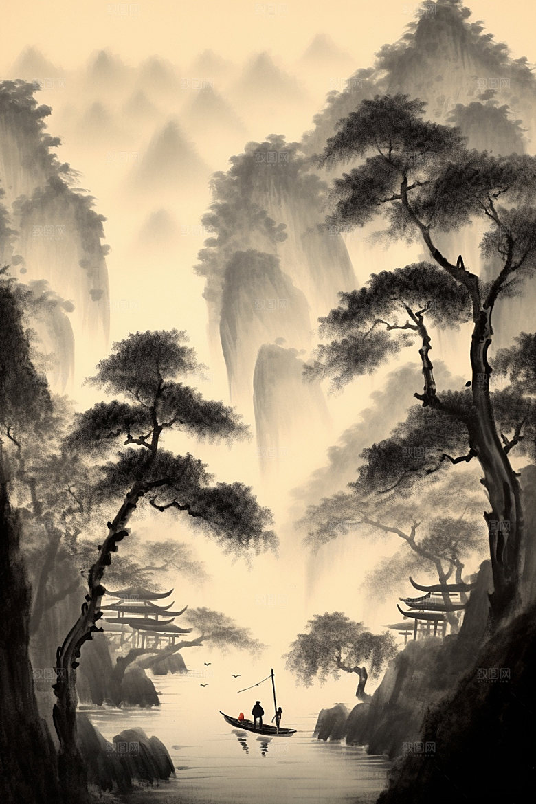 中国画中式水墨画插画