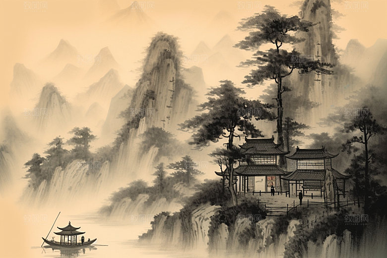 中国画写意水墨画插画