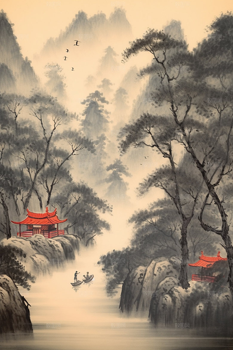 中国画水墨画中式插画