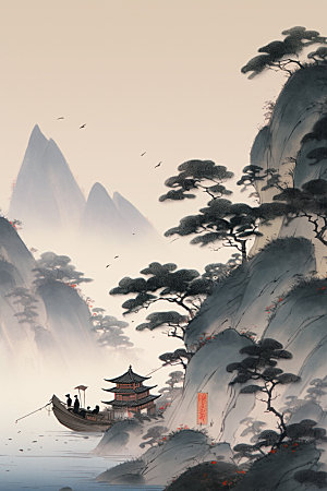 中国画晕染山水插画
