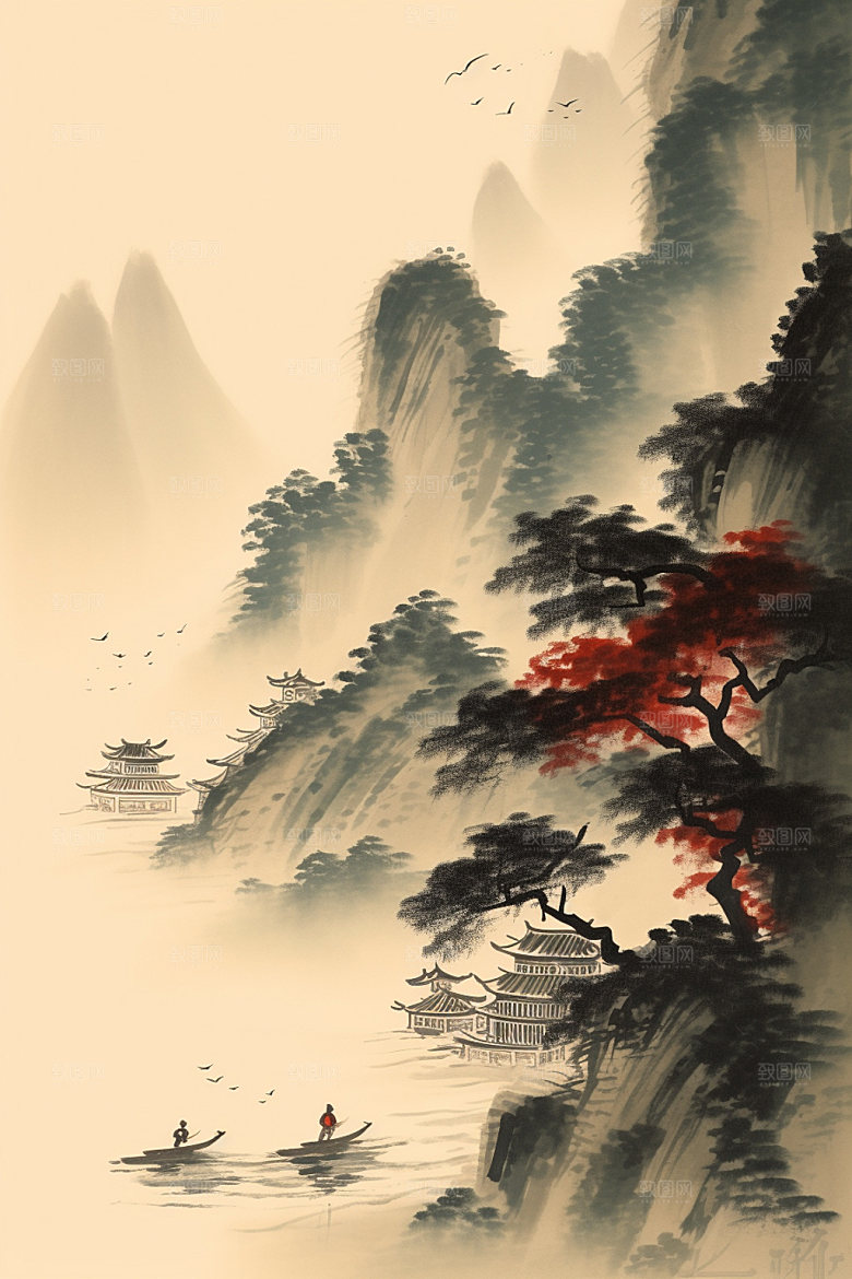 中国画晕染水墨画插画