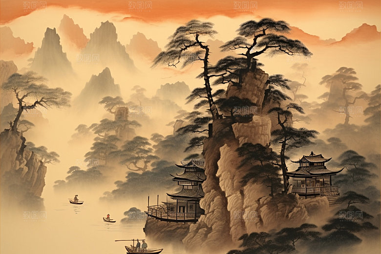 中国画中国风晕染插画