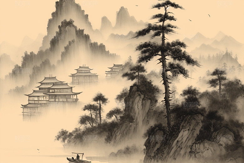中国画山水写意插画