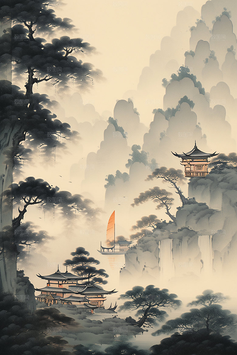 中国画山水晕染插画