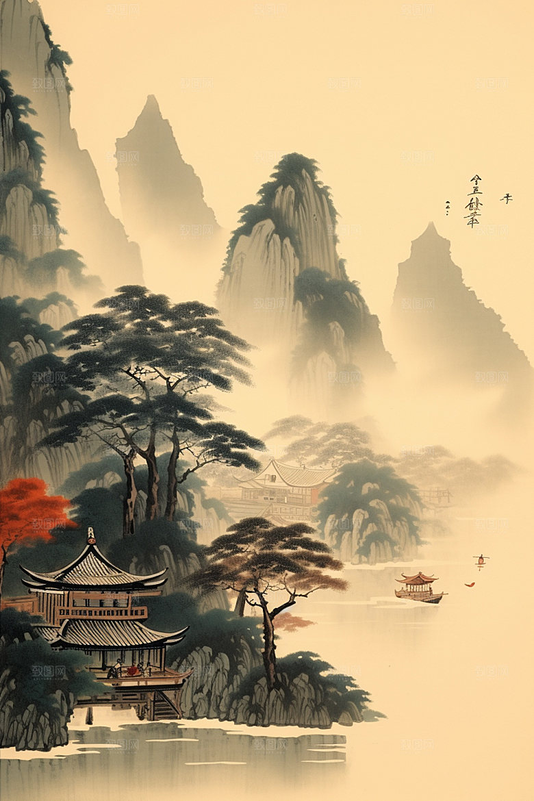 中国画山水水墨画插画