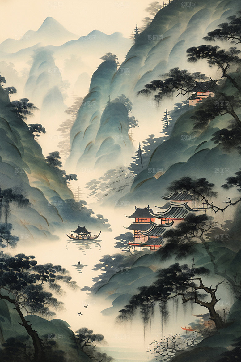 中国画山水中国风插画