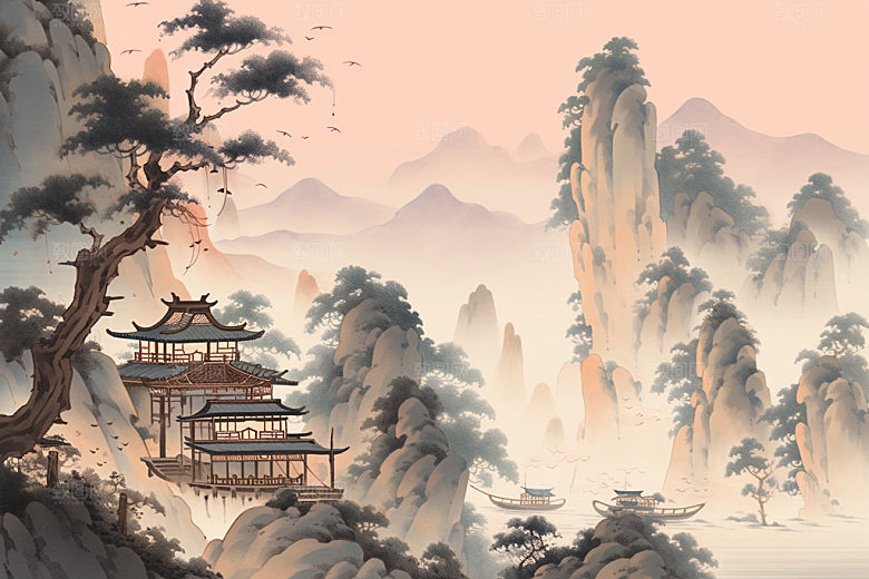 中国画中国风晕染插画