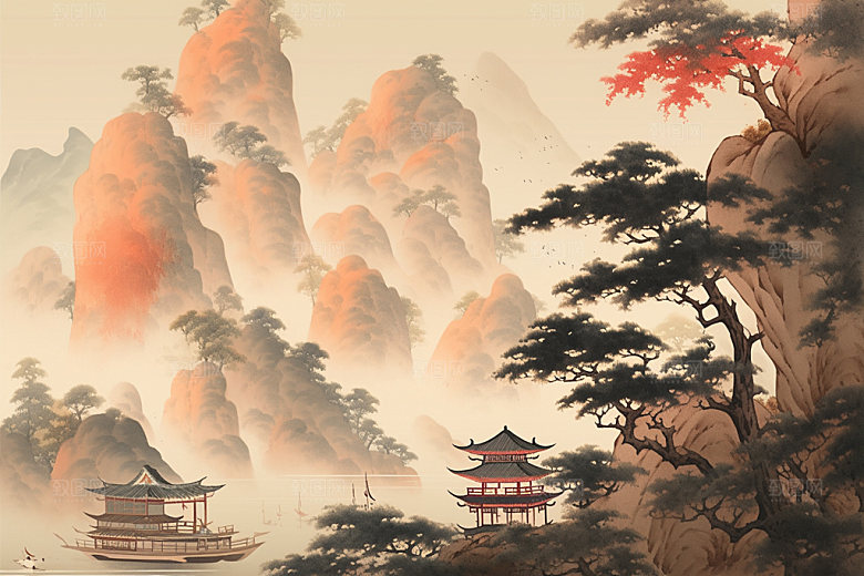 中国画水墨画晕染插画