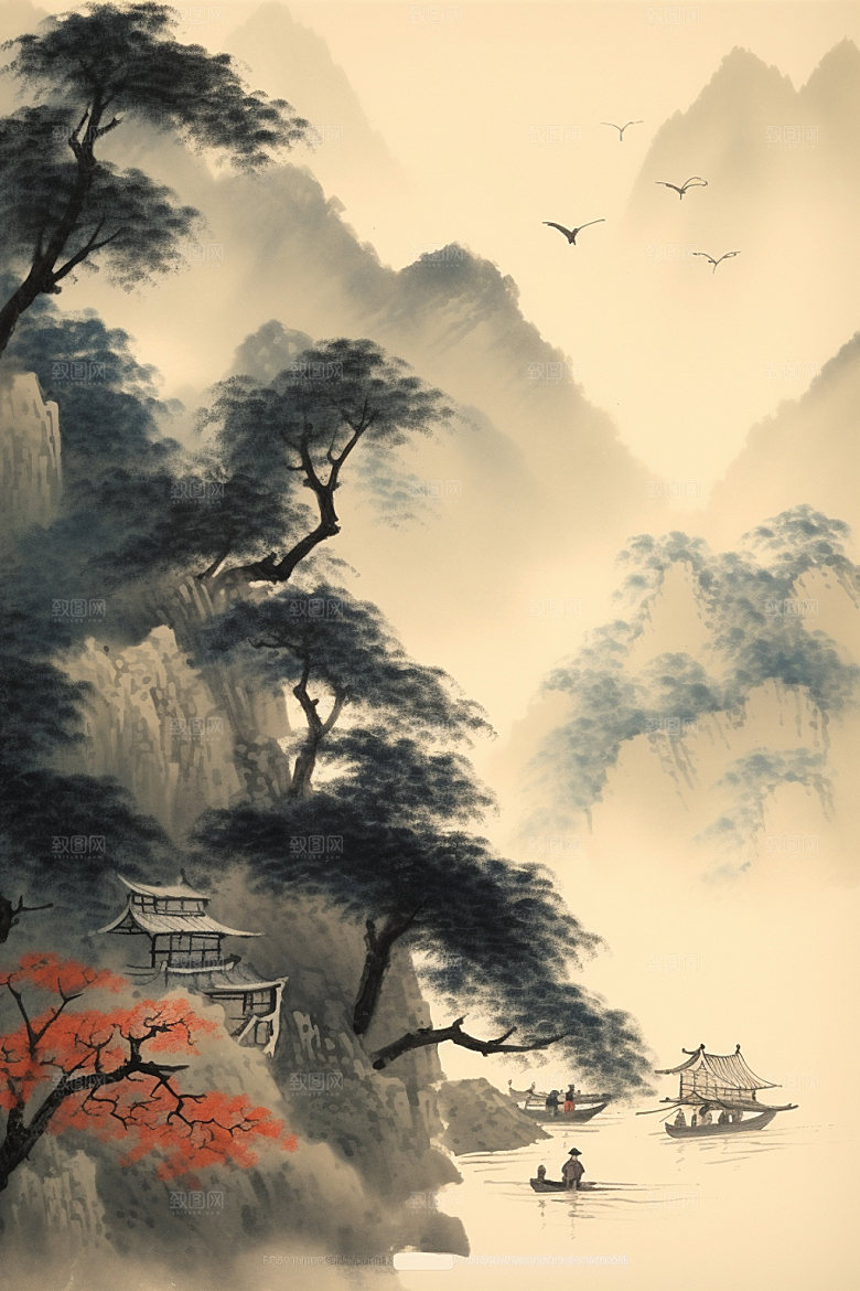 中国画山水晕染插画