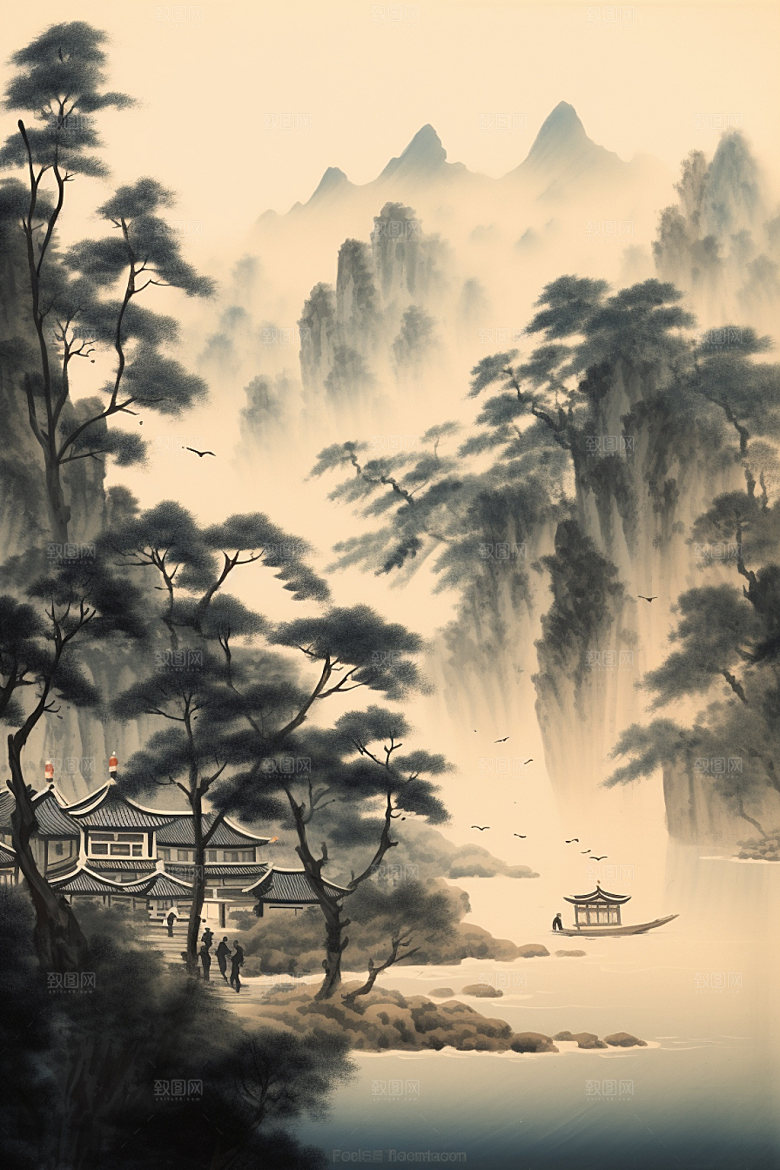 中国画中国风山水插画