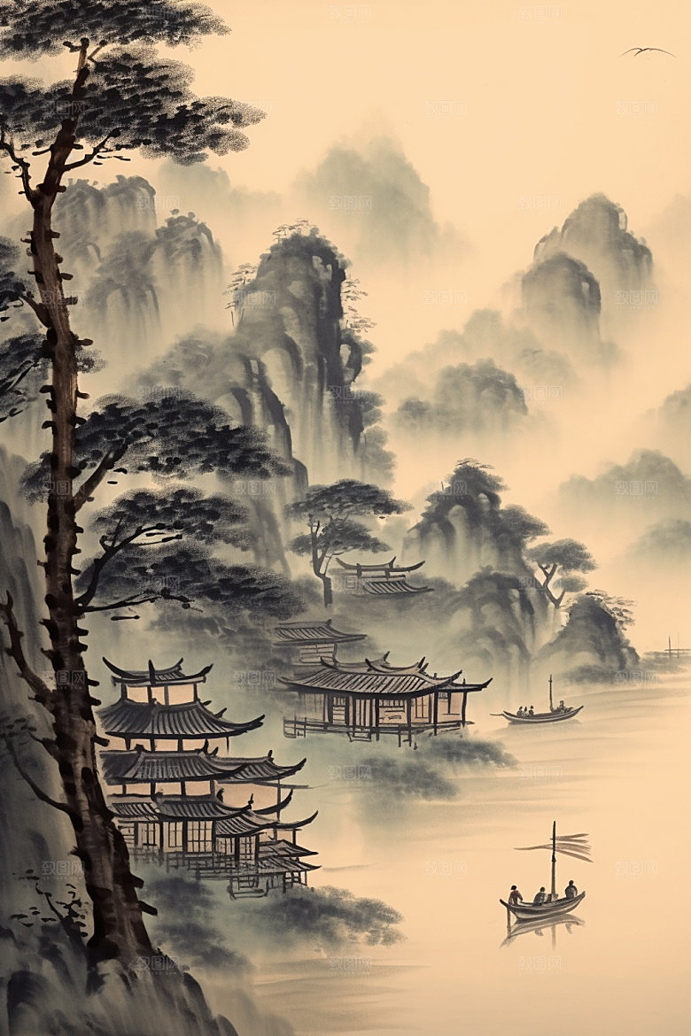 中国画写意水墨画插画