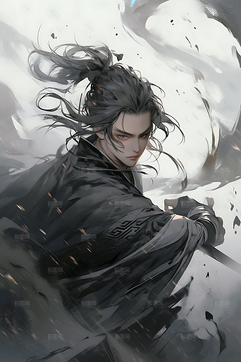 水墨侠客黑白汉服插画