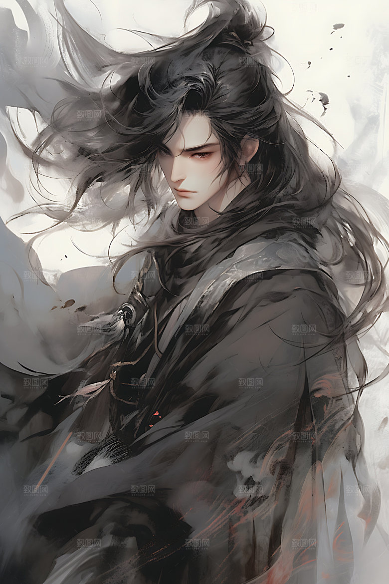 水墨侠客黑白人物插画