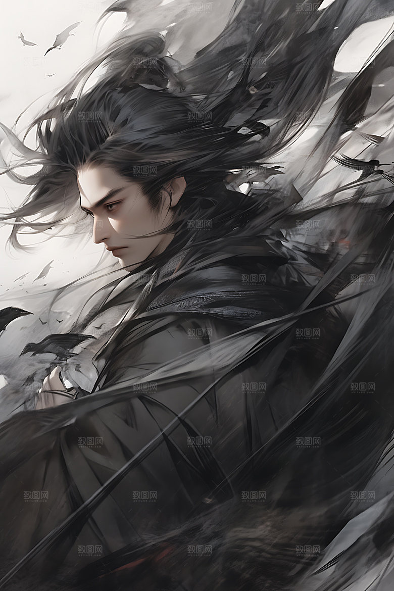 水墨侠客汉服晕染插画