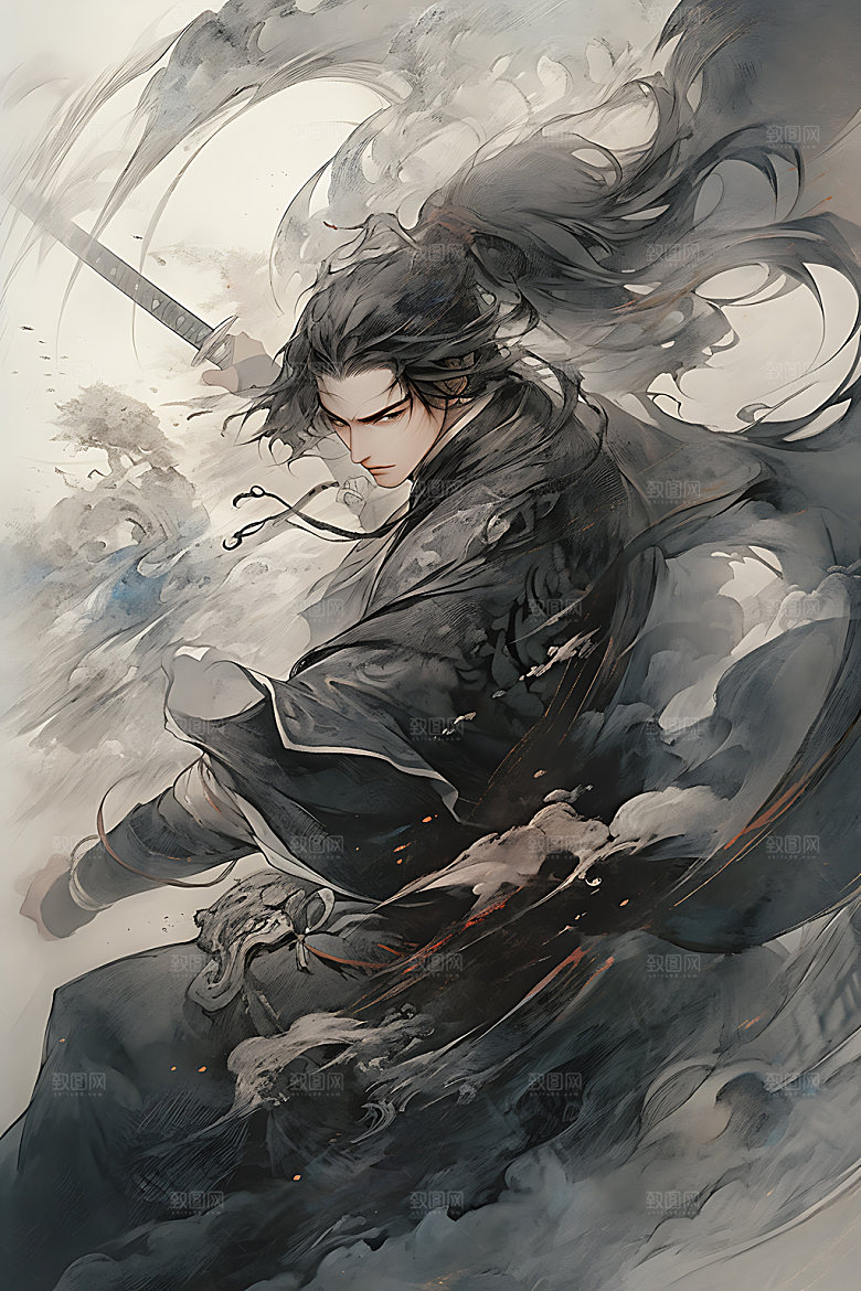 水墨侠客中国风黑白插画