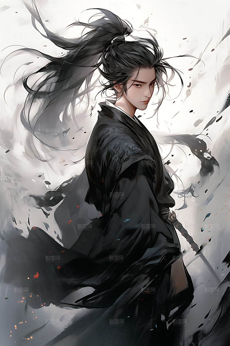 水墨侠客汉服中式插画