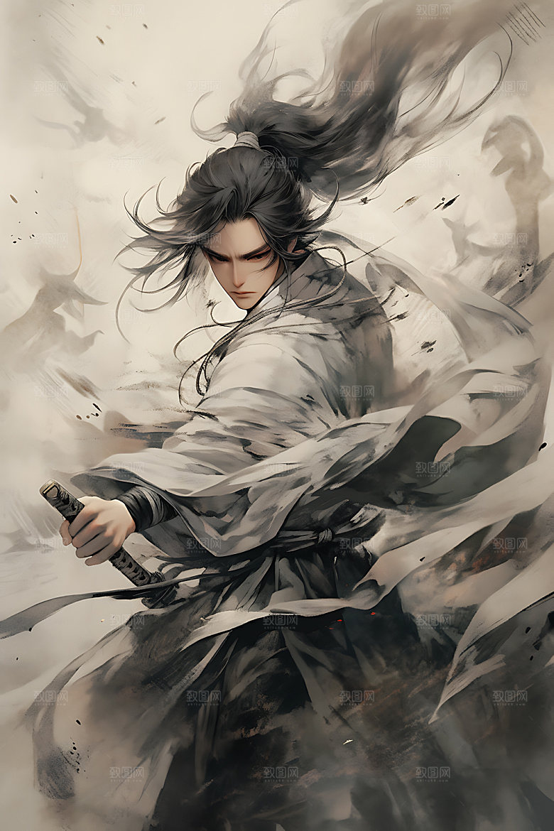 水墨侠客汉服人物插画