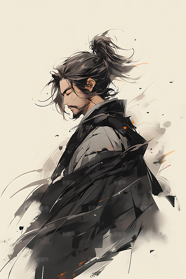 水墨侠客黑白人物插画