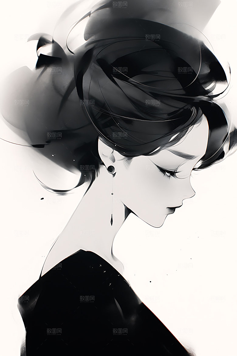 水墨侠客汉服黑白插画