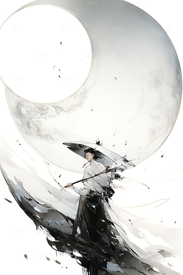 水墨侠客人物黑白插画