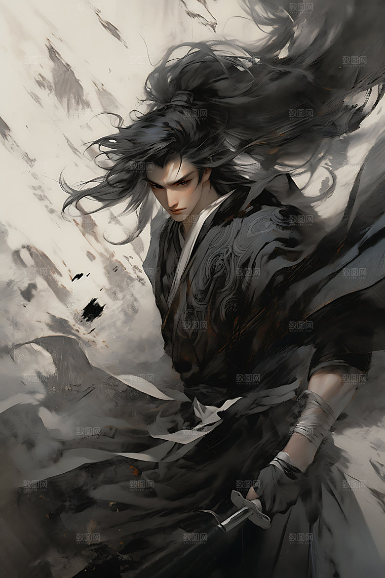 水墨侠客少侠汉服插画