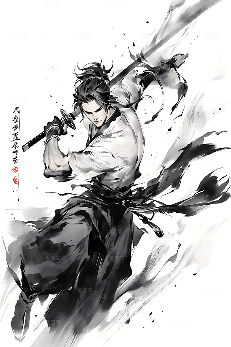 水墨侠客中式少侠插画