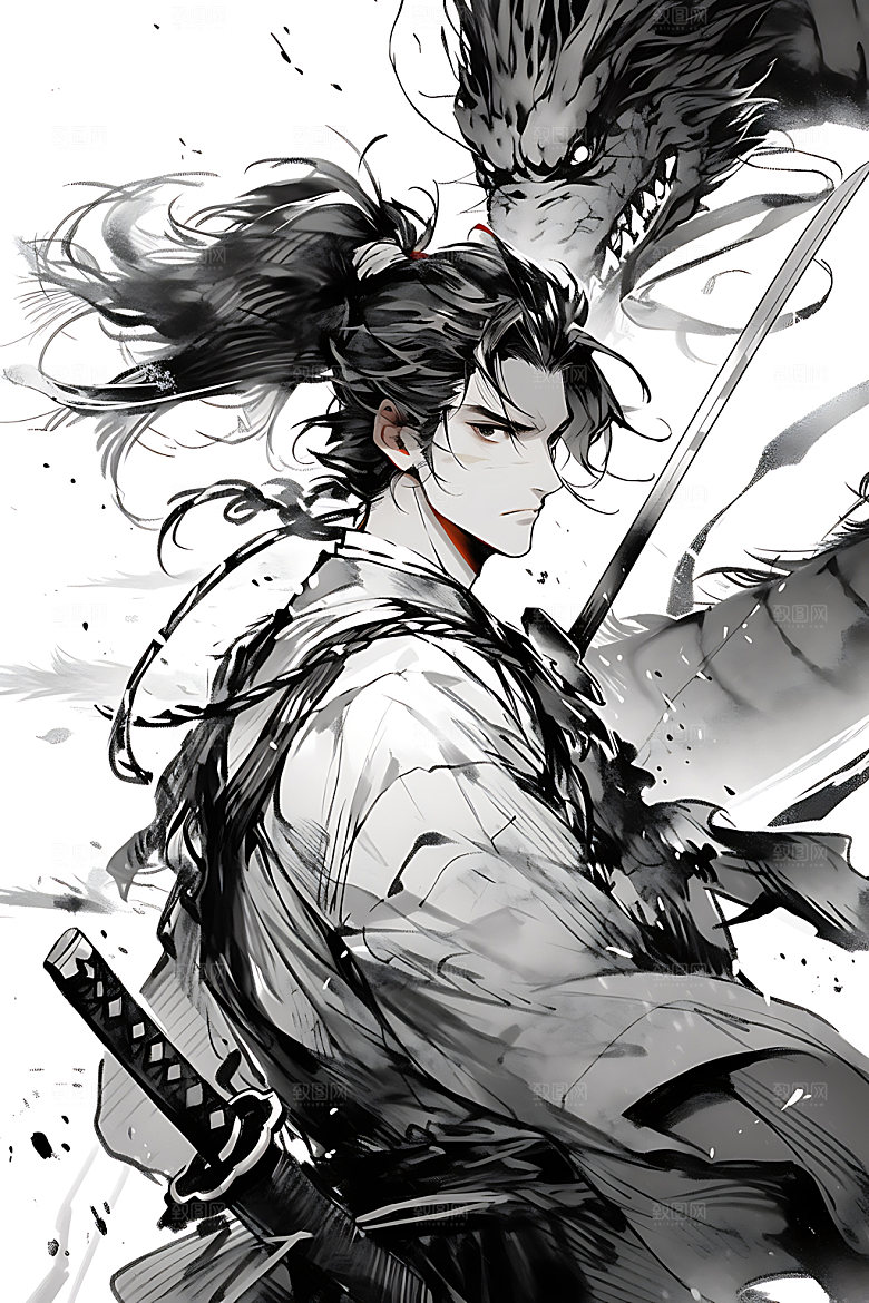 水墨侠客中国风汉服插画