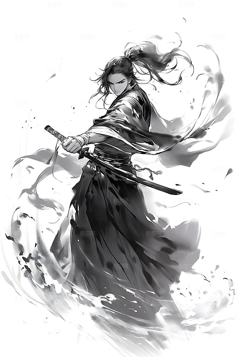 水墨侠客少侠中式插画