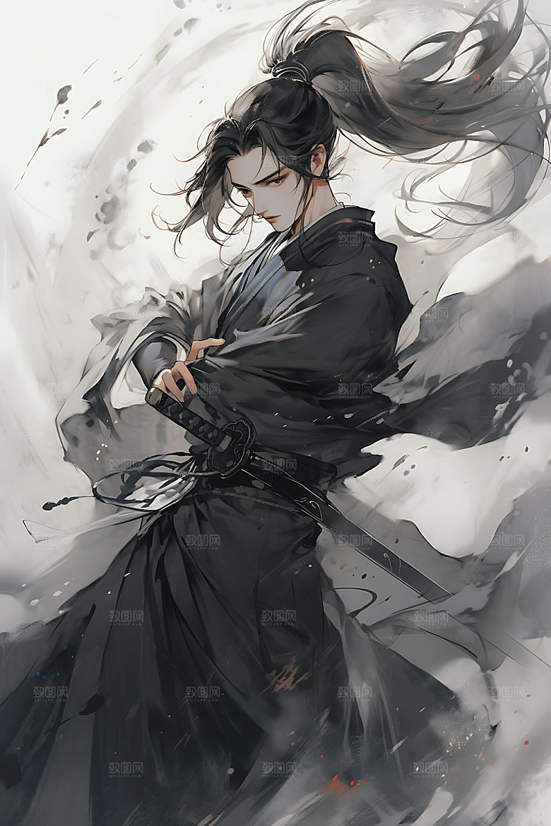 水墨侠客少侠人物插画