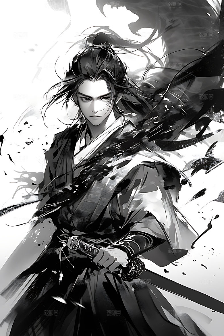 水墨侠客人物晕染插画